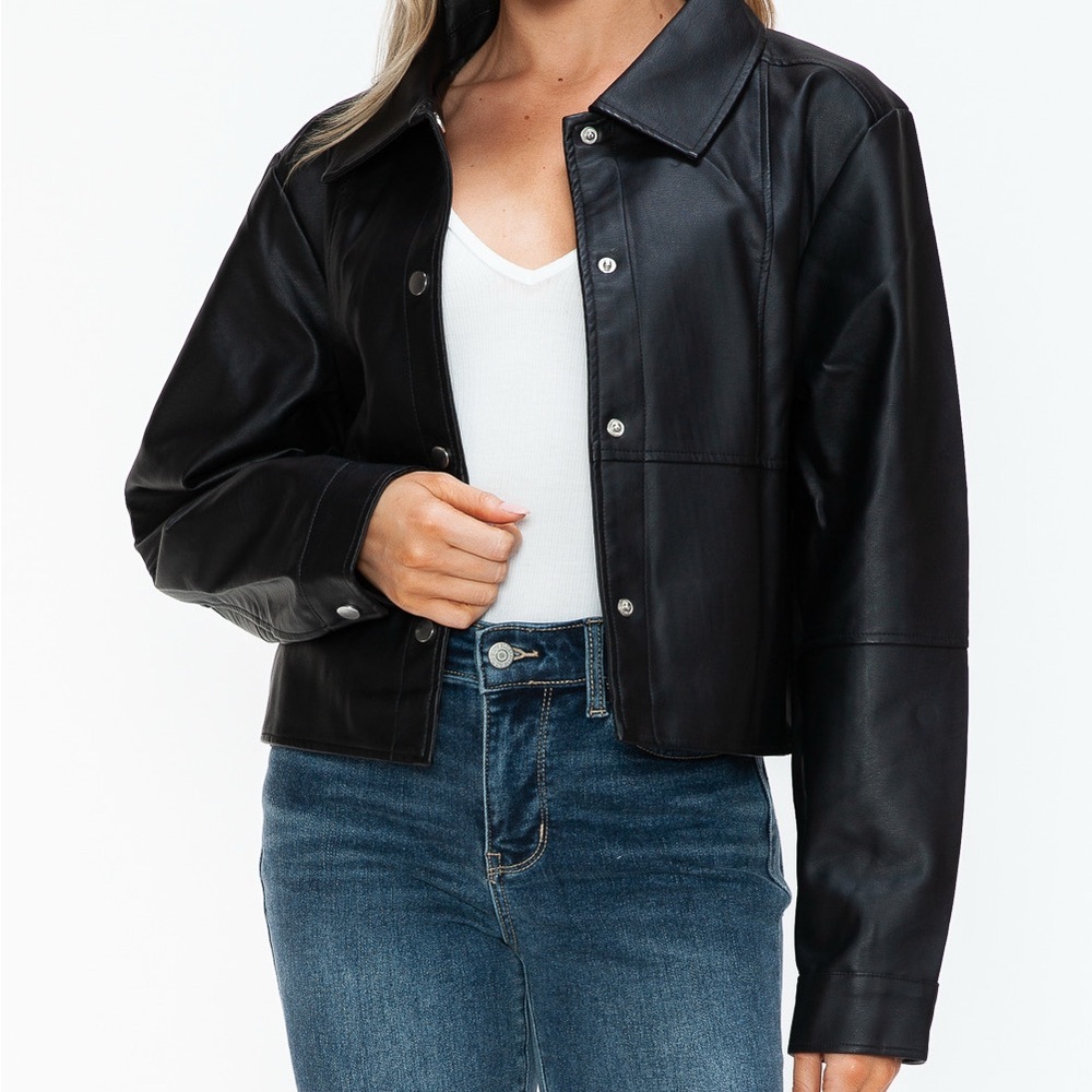 Snobbish Snap Down Long Sleeve PU Leather Jacket - Picture 12 of 12
